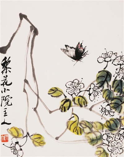 齐白石《叶隐闻声·花卉草虫册》，十八开之二开。